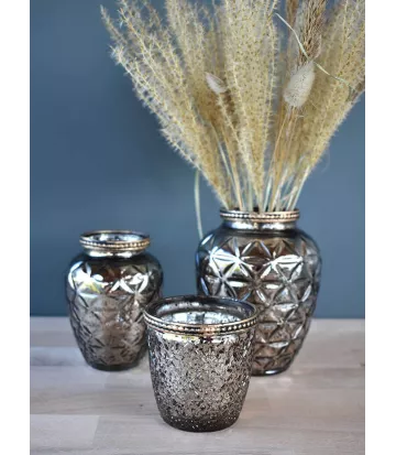 Ensemble vase photophore couleur argentée et perles