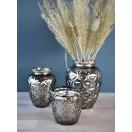 Ensemble vase photophore couleur argentée et perles