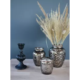 Ensemble vase photophore couleur argentée et perles