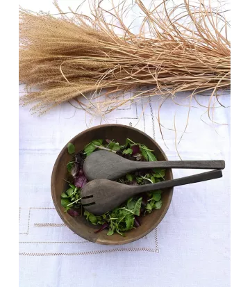 Set de 2 Couverts à salade en bois de manguier charbon