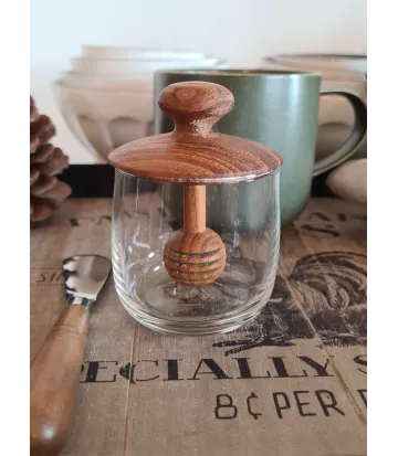 Pot à miel en verre avec couvercle en teck