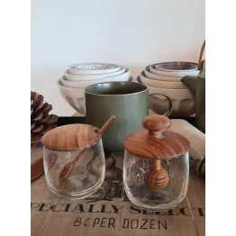Mini pot en verre couvercle et cuillère teck