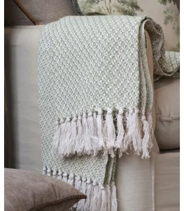 Plaid cocooning vert sauge et écru | Chic Antique