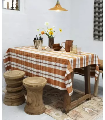 Nappe coton à carreaux marron et écru 150x150 cm