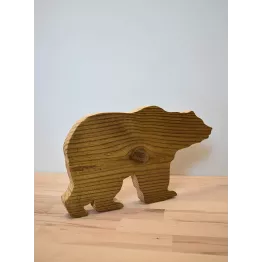 Figurine ours brun en bois recyclé.